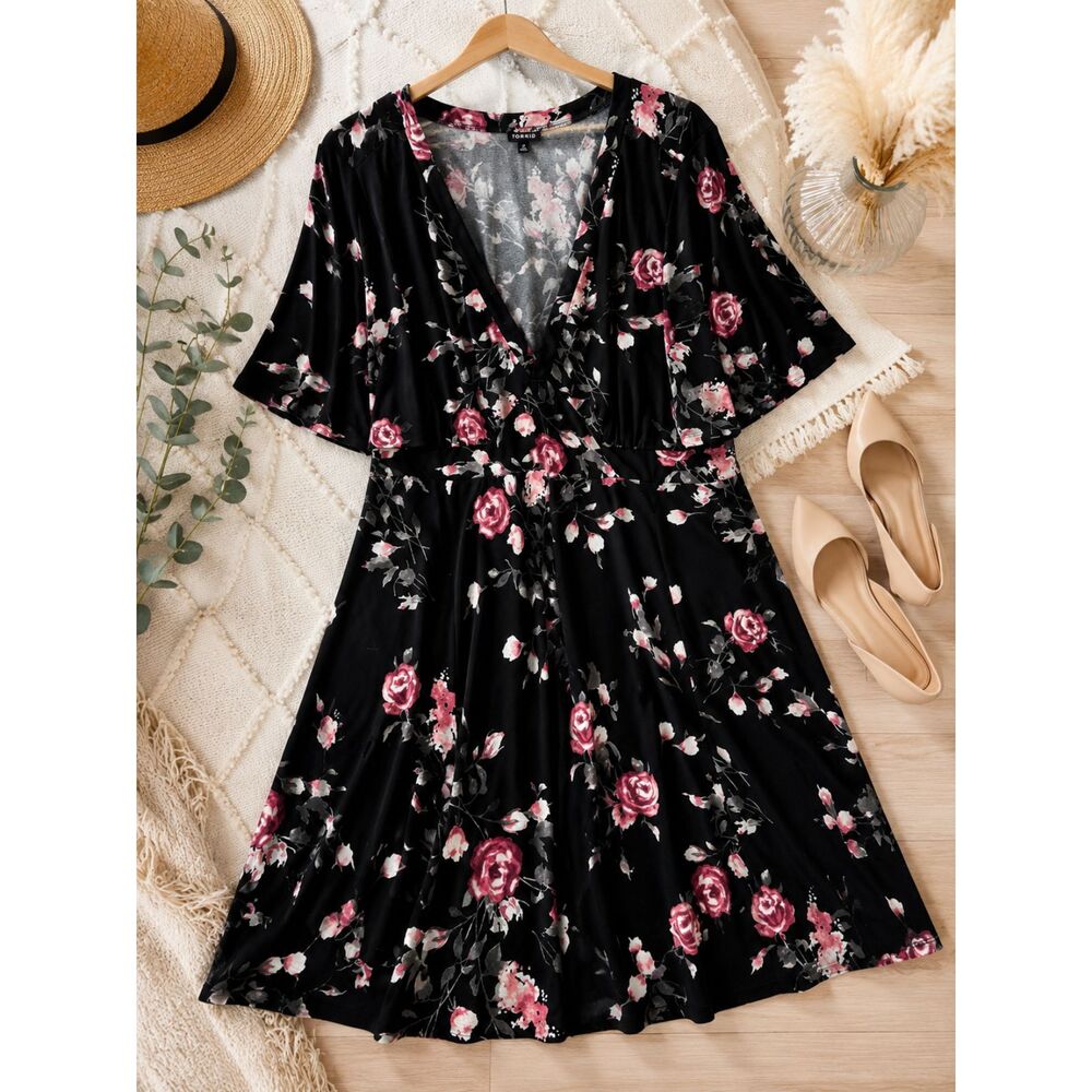 Torrid Black Floral Faux Wrap Midi Dress Size 4 Plus Size Romantic Cottagecore